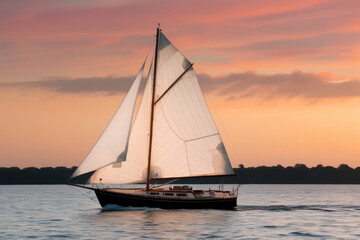 Fototapeta premium A sailing yacht against the backdrop of a breathtaking sunset reflected in calm waters, creating an atmosphere of freedom and privacy