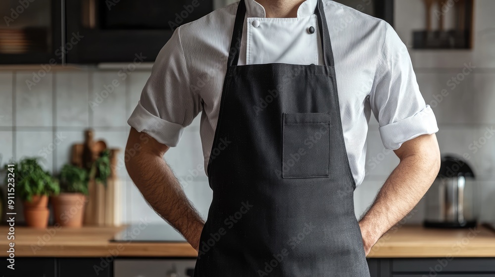 Wall mural Mockup apron. Man wearing black apron mockup in the modern kitchen, chef uniform for cooking. Logo mockup