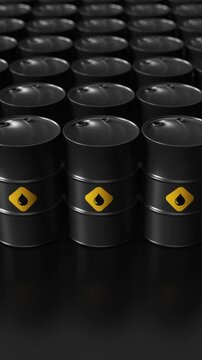 Row of Oil Barrels on background. 3D Animation of Storage and Production. Abstract Oil Reserves Business and Industry. Fossil fuel, petroleum,crude, gasoline, energy producers.Vertical,phone wallpaper