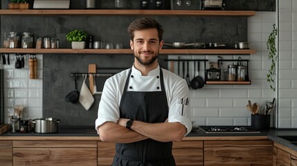 Mockup apron. Man wearing black apron mockup in the modern kitchen, chef uniform for cooking. Logo mockup