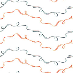 Curly satin ribbons in trendy pastel colors peach fuzz and turquoise in a vintage style. Hand drawn watercolor illustration. Seamless pattern, repeating ornament on a white background