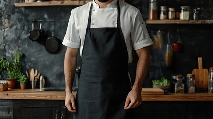 Mockup apron. Man wearing black apron mockup in the modern kitchen, chef uniform for cooking. Logo mockup