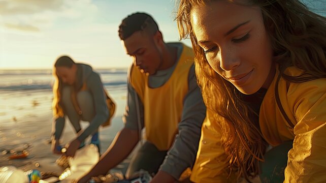 Group of volunteers cleaning a beach at sunset