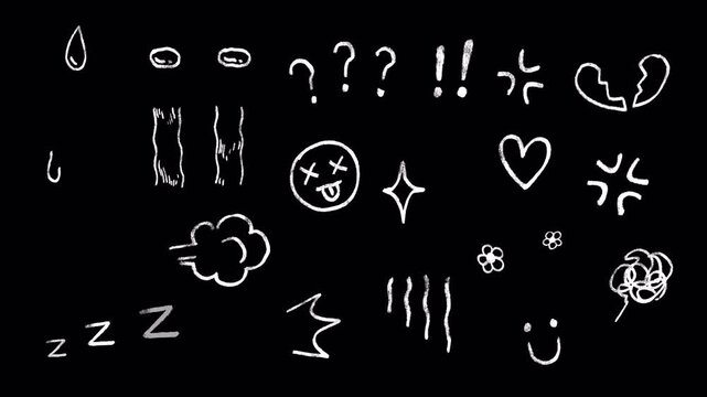 Cute doodle icons of emotion expression, effect symbols rough pencil crayon style, cartoon, angry, tears, broken heart, marks, smile, happy, surprised, sketching animation elements on a transparent bg