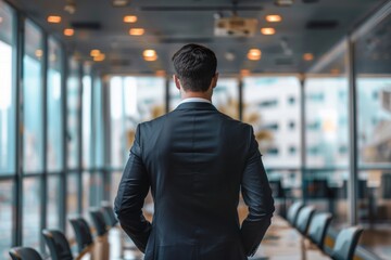 Businessman seen from behind in a business environment.