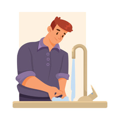 Man Character Washing Hands Supports Immunity Engaged in Healthy Lifestyle Vector Illustration