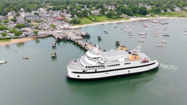 Aerial video Woods Hole ferry at Marthas Vineyard 2024