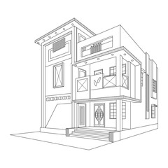 Flat roof house building in line art drawing style. Modern architecture black linear sketch isolated on white background, Vector illustration.
