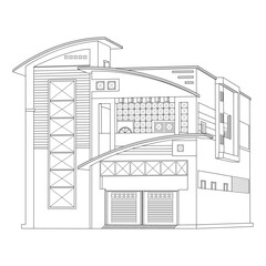 Modern building in continuous line art drawing style. Modern architecture black linear sketch isolated on white background. Editable stroke building concept, Vector illustration.