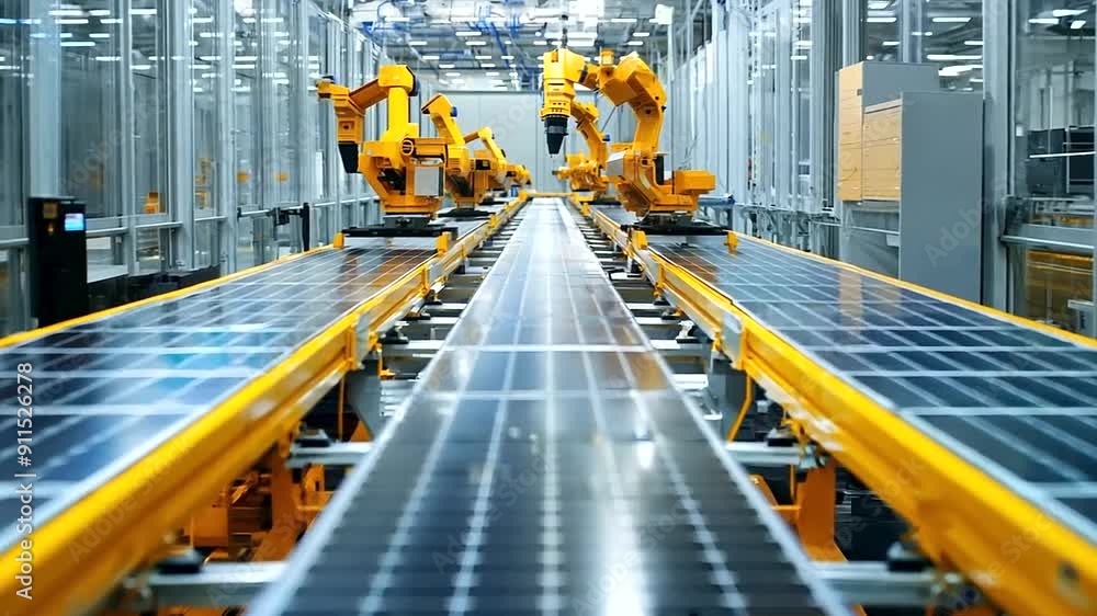 Poster automated conveyor belts transporting solar panels through various stages of assembly, each attended