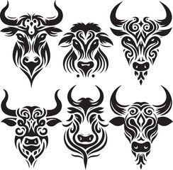 head of a bull Cow face set silhouette, tribal tattoo vector white background tattoo design