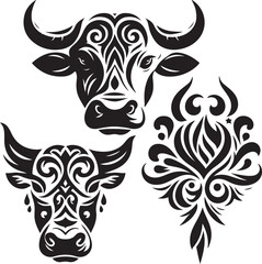 Fototapeta premium head of a bull Cow face set silhouette, tribal tattoo vector white background tattoo design