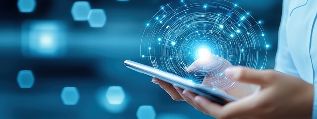 Strategy, Entrepreneur developing mobile strategies, analyzing data on a tablet, focused and determined