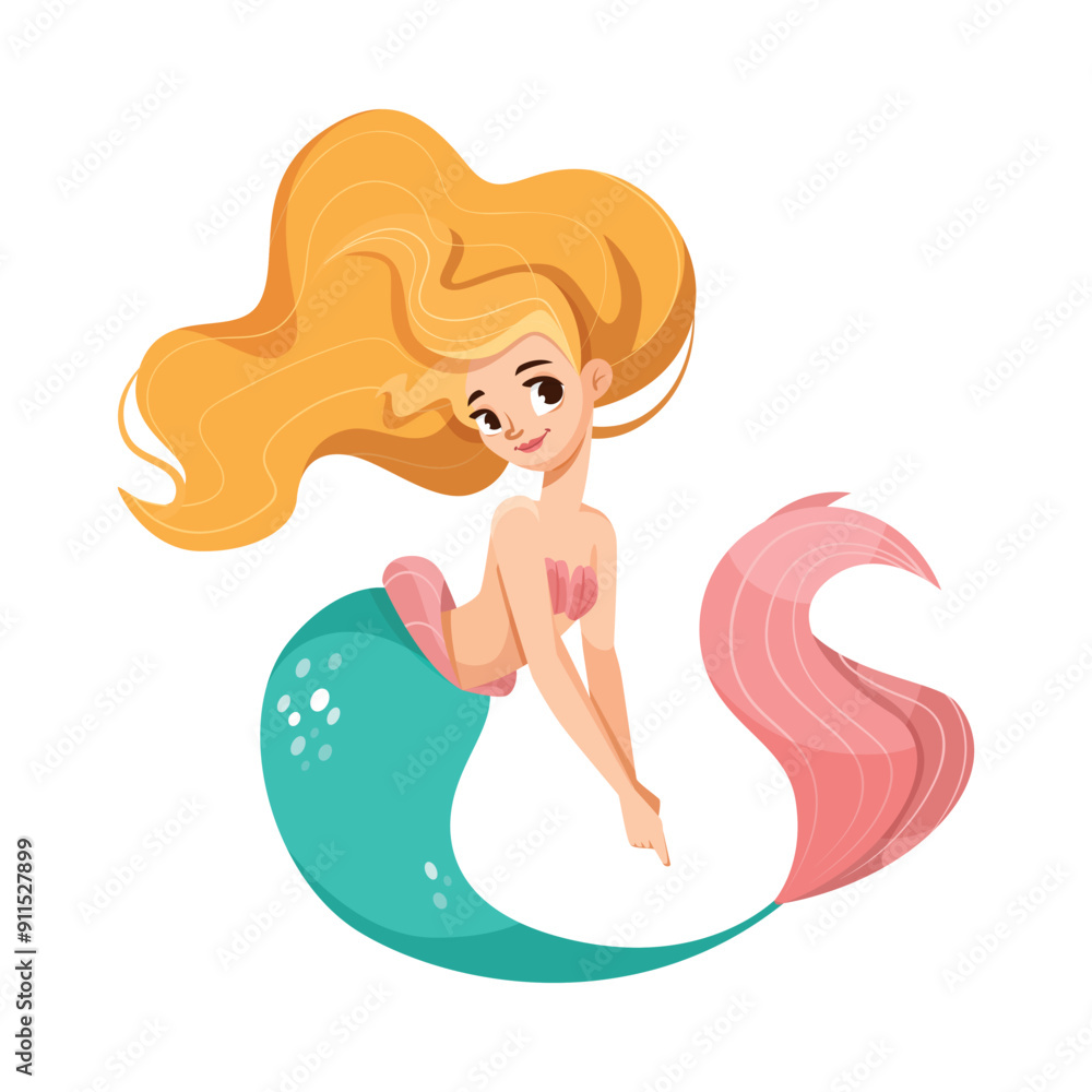 Poster pretty mermaid character with fish tail and female body vector illustration