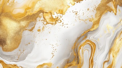Gold ink abstract background with watercolor effects and liquid textures. Ideal for luxury designs, featuring marble patterns, glitter, and modern splash elements.
