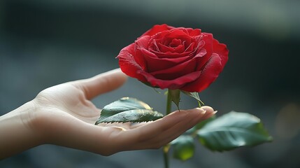 A person holding a single red rose
