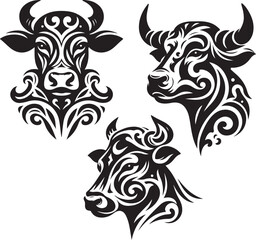 head of a bull Cow face set silhouette, tribal tattoo vector white background tattoo design