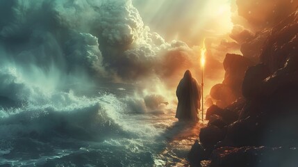 Fototapeta premium A cinematic scene of Moses' glowing staff parting the Red Sea, the path emerging as the waters recede, intense lighting, high detail, vivid colors, realistic textures, epic scale, dramatic atmosphere,