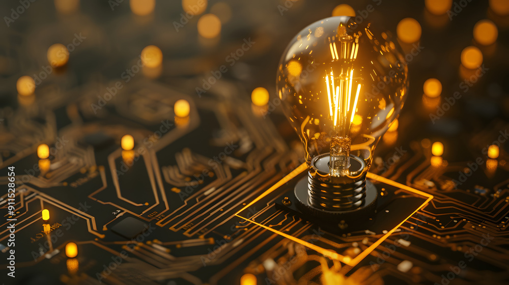 Poster an illuminated bulb placed on an intricate electronic circuit board. capturing the spirit of technol