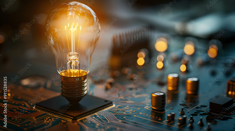 Poster an illuminated bulb placed on an intricate electronic circuit board. capturing the spirit of technol