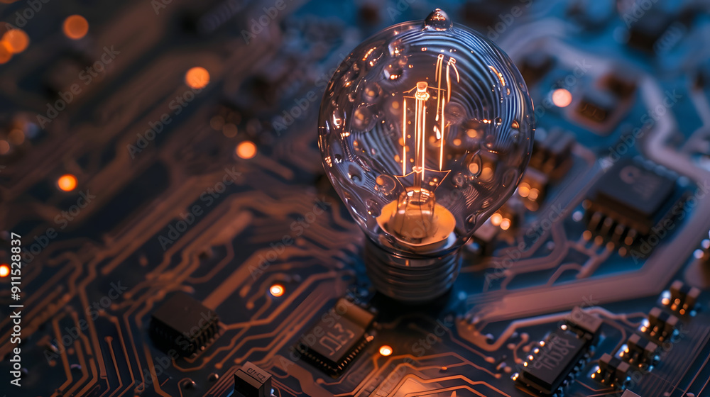 Poster an illuminated bulb placed on an intricate electronic circuit board. capturing the spirit of technol