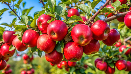 Obraz premium Apple trees in the garden with ripe red apples ready for harvest. 
