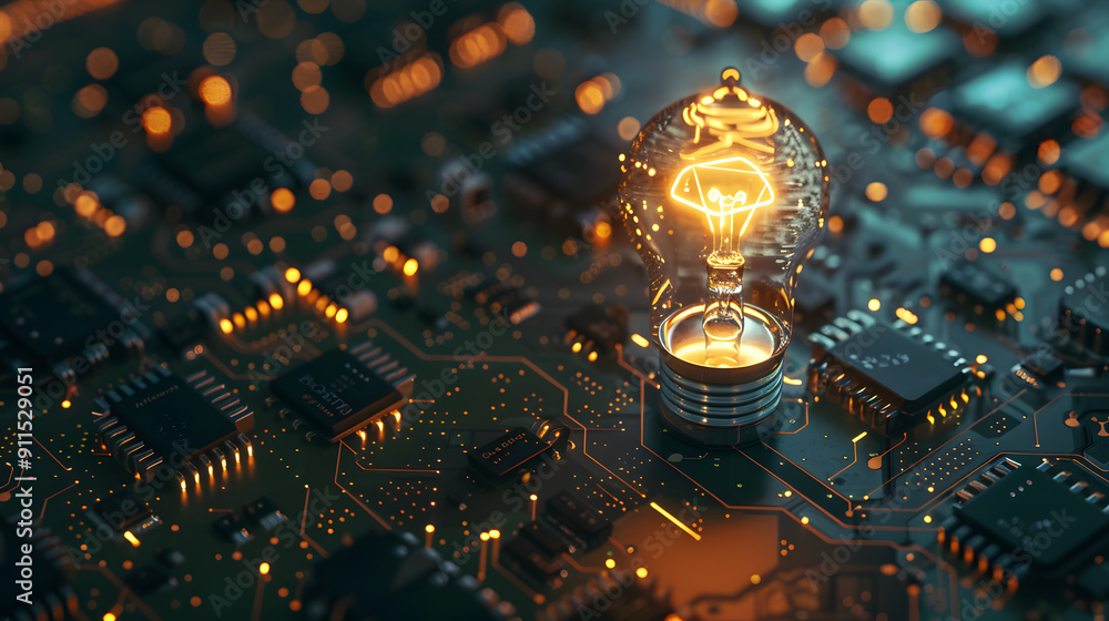 Poster an illuminated bulb placed on an intricate electronic circuit board. capturing the spirit of technol