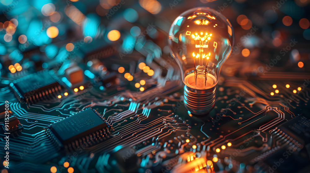 Poster an illuminated bulb placed on an intricate electronic circuit board. capturing the spirit of technol