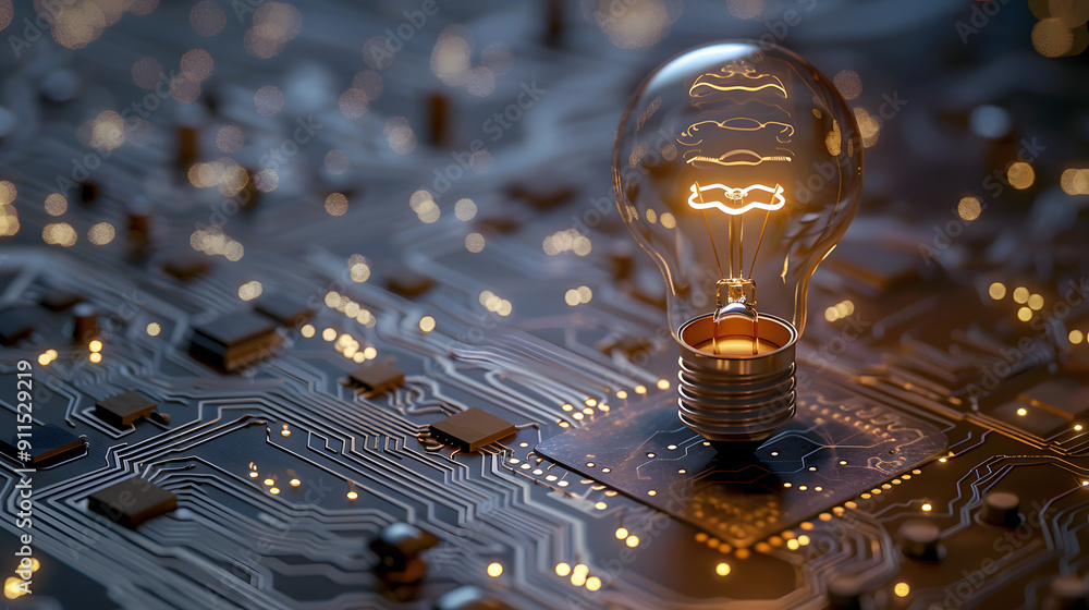 Poster an illuminated bulb placed on an intricate electronic circuit board. capturing the spirit of technol