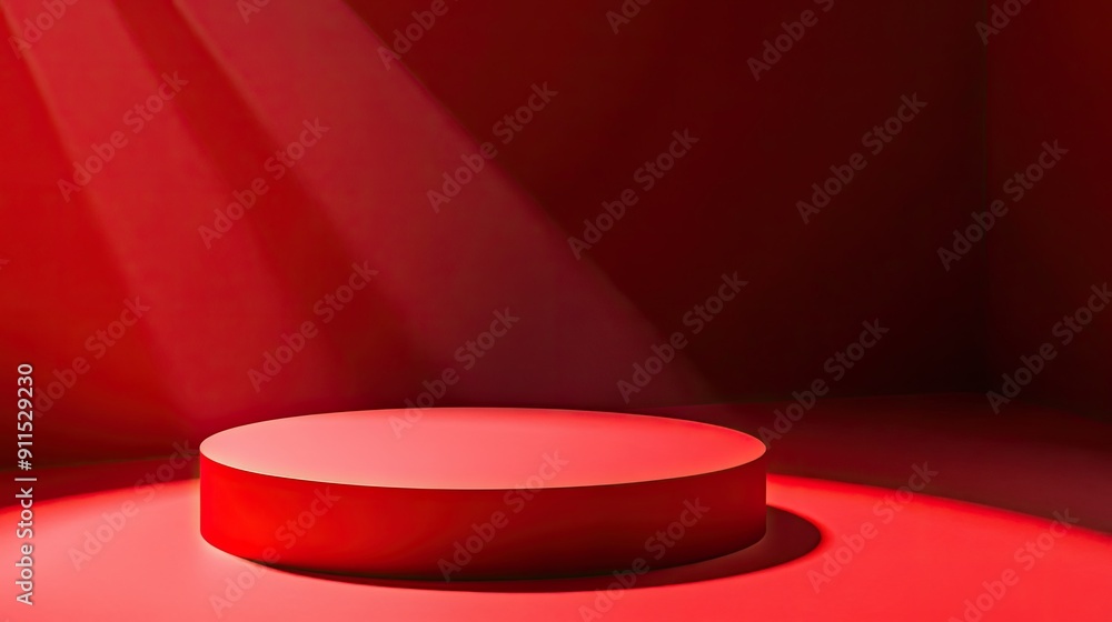 Poster product display podium on a red background, featuring studio stage lighting. abstract scene with sha