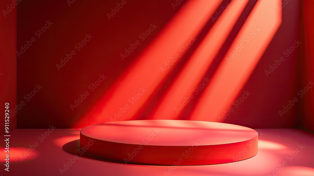 Poster product display podium on a red background, featuring studio stage lighting. abstract scene with sha