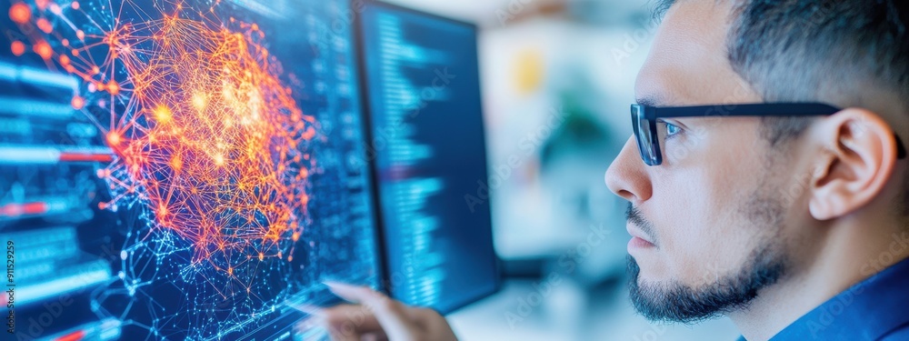Poster strategy, networker developing ai networking strategies, analyzing data on multiple screens, focused