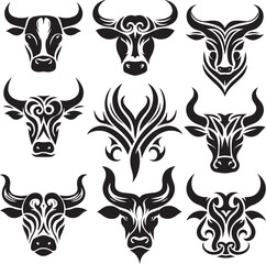 head of a bull Cow face set silhouette, tribal tattoo vector white background tattoo design