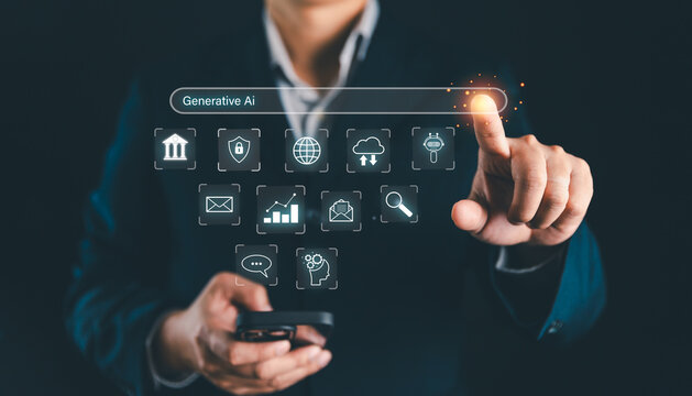 Artificial intelligence (AI) and futuristic digital technology. Businessman using application to generative AI contents, story, images. Chat with smart robot AI and command prompt input on website