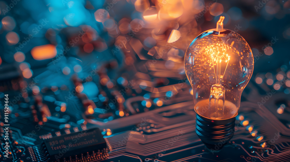 Poster an illuminated light bulb on top of an electronic circuit board. symbolizing innovative ideas and te