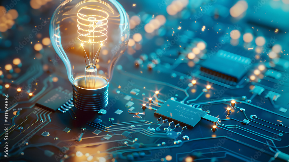 Poster an illuminated light bulb on top of an electronic circuit board. symbolizing innovative ideas and te