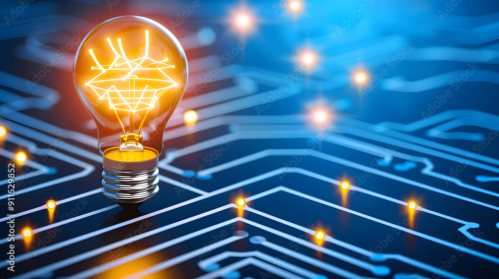 Poster an illuminated light bulb resting on a high-tech circuit board. symbolizing the creativity in ai tec