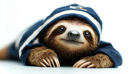 Fototapeta premium A cute little brown and white sloth wearing a blue hat and a red, white