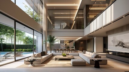 Fototapeta premium A two-story villa. In Dubai. by Hooshang Seyhoun. Modern style. This villa has large floor-to-ceiling windows. Arabic concept with geometrical line