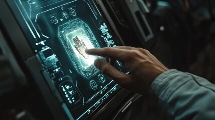 Obraz premium hand is touching hologram screen