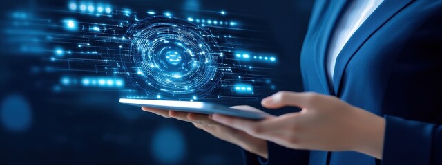 Strategy, Technologist developing automation strategies, analyzing data on a tablet, focused and determined