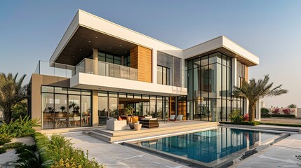 Fototapeta premium A two-story villa. In Dubai. by Hooshang Seyhoun. Modern style. This villa has large floor-to-ceiling windows. Arabic concept with geometrical line