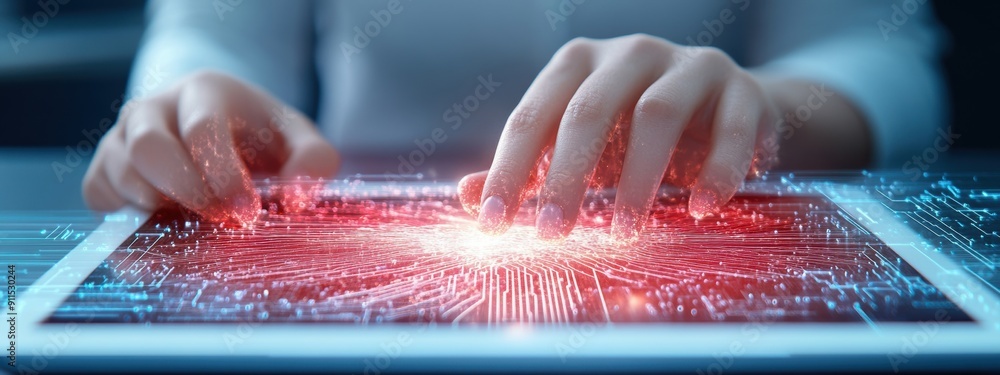Poster strategy, technologist developing machine learning strategies, analyzing data on a tablet, focused a