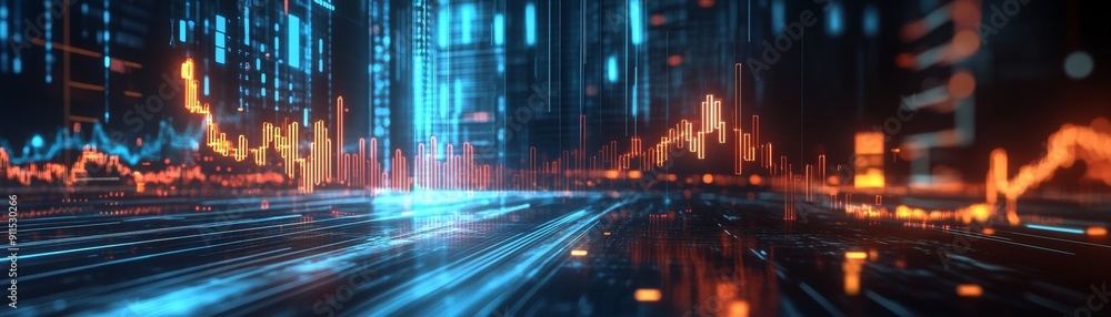 Poster A futuristic representation of interest rates with neon-lit symbols and graphs floating in a dark space indicating the dynamic nature of financial markets