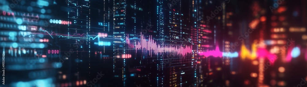 Fototapete A futuristic representation of interest rates with neon-lit symbols and graphs floating in a dark space indicating the dynamic nature of financial markets