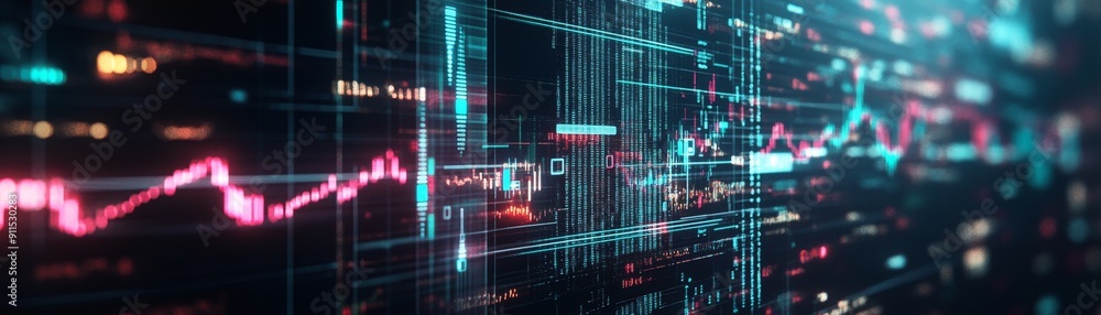 Poster A futuristic representation of interest rates with neon-lit symbols and graphs floating in a dark space indicating the dynamic nature of financial markets