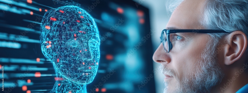 Poster success, ai technologist specializing in algorithms, presenting successful models, in a high-tech la