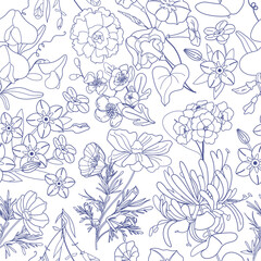 Summer outline floral Seamless pattern. Vector hand drawn summer flower background for print, wrapping paper, textile, fabric