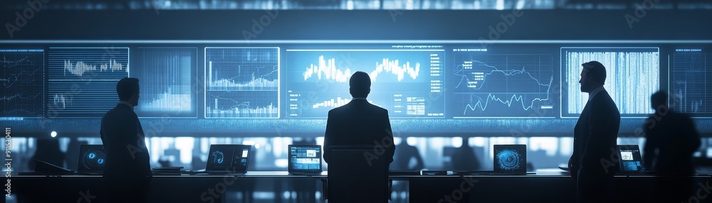 Aufkleber A dynamic scene of finance professionals in a modern office surrounded by holographic screens displaying financial data charts and graphs while discussing the future of investment opportunities