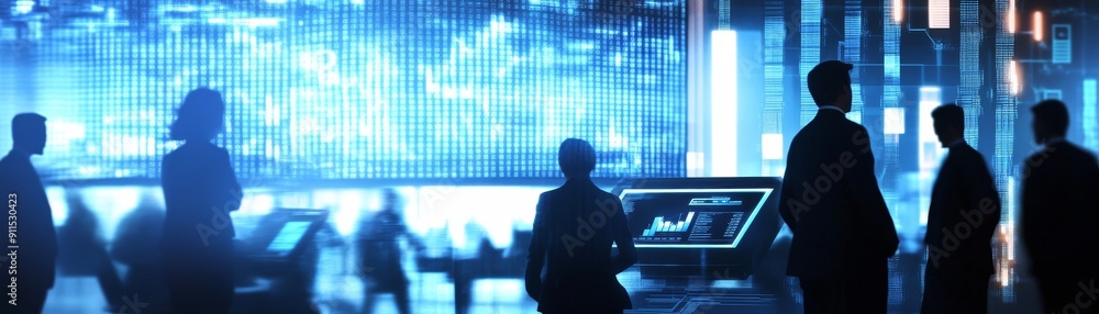 Poster A dynamic scene of finance professionals in a modern office surrounded by holographic screens displaying financial data charts and graphs while discussing the future of investment opportunities